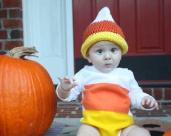 Baby Candy Corn Costume Bodysuit and Crochet Hat Set