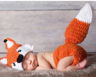 Crochet Fox Outfit Baby Girl Baby Boy Fox Hat and Diaper Cover newborn Fox Outfit Fox Set Fox Photo Prop