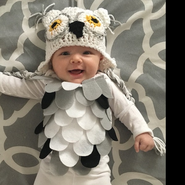 Costume de hibou de bébé Crochet chapeau de hibou body de bébé hibou chapeau de hibou blanc et ensemble de body blanc gris jaune et noir chapeau de hibou et costume de body