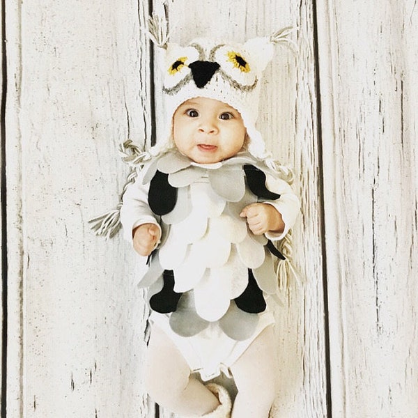 Baby Owl Costume Crochet Owl Hat Baby Owl Bodysuit White Owl hat and Bodysuit set White Gray Yellow and Black Owl Hat and bodysuit costume