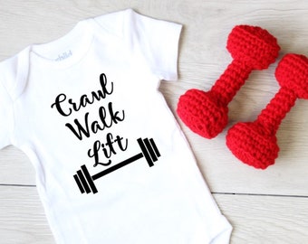 Baby Girl Crawl Walk Lift Bodysuit and Crochet Dumbbells Workout Baby Bodysuit Gym Baby Cross fit Lift Buddy Bodysuit