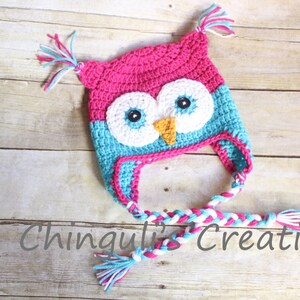 Crochet Owl Hat, Baby Hot Pink and  Aqua Owl Beanie Boy Owl Turquoise Hot Pink Owl Hat Newborn Baby Owl Hat Toddler Owl Hat