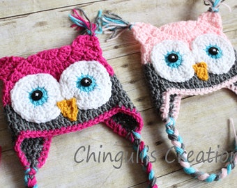 TWINS Crochet Owl Hat, Baby Hot Pink Gray Owl Beanie Girls Owl Hot Pink Gray Turquoise Owl Hat Baby Pink Owl Hat Baby Owl Beanie Photo Props