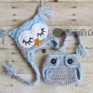 Baby Owl Outfit Crochet Sleepy Owl Baby Hat and Matching Diaper Cover Set Crochet Owl Hat Newborn Owl Outfit Crochet Owl Outfit image 2