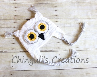 Crochet Owl Hat Baby Owl Hat Kids Owl Hat White Owl hat White Owl Beanie White Gray Yellow and Black Owl Hat Newborn Owl hat Toddler Owl Hat