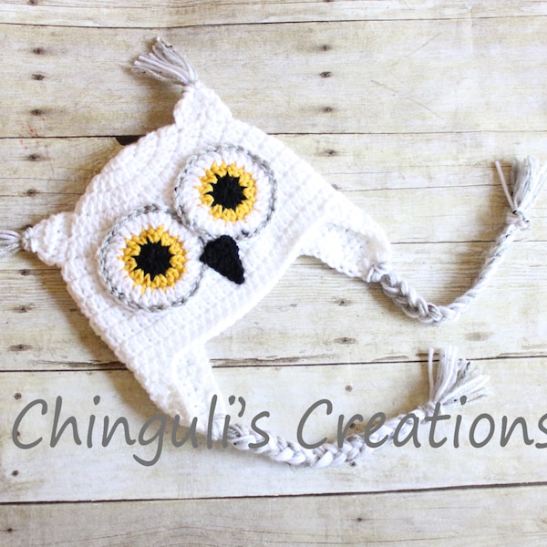 Crochet Owl Hat Baby Owl Hat Kids Owl Hat White Owl hat White Owl Beanie White Gray Yellow and Black Owl Hat Newborn Owl hat Toddler Owl Hat