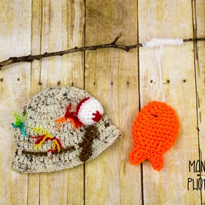 Fisherman Crochet Hat Gone Fishing Crochet Hat Fisherman Baby Hat with Fish Newborn fisherman hat and fish image 2