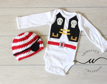 Baby Pirate Costume  Pirate Bodysuit and Matching White Red Stripes and Eye Patch Crochet Pirate Beanie Halloween Costume