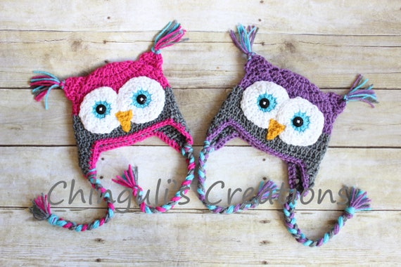 TWINS Crochet Owl Hat, Baby Hot Pink Gray Owl Beanie Girls Owl