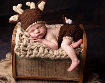 Baby Deer Hat with Diaper Cover Crochet Deer hat and Diaper Cover  Baby Animal outfit Dark Brown Deer Outfit