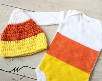 Baby Candy Corn Costume Bodysuit and Crochet Hat Set