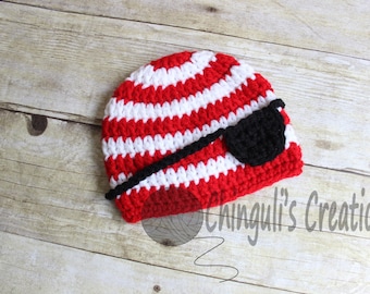 Crochet Pirate Hat Crochet White Red Stripes and Eye Patch Crochet Pirate Beanie Halloween Costume