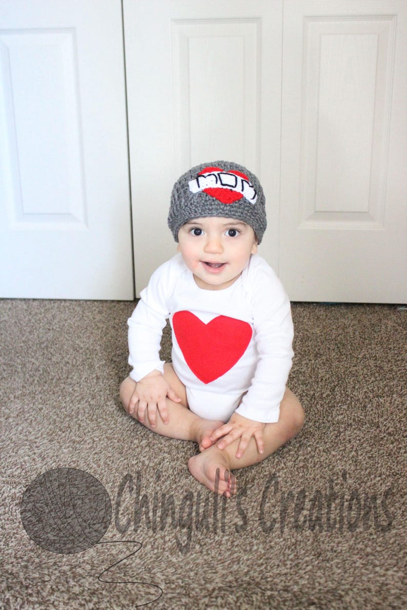 PATTERN Crochet I Heart MOM Tattoo Beanie Baby Toddler Valentine's Beanie Mother's Day Crochet Hat Pattern Heart Applique Hat image 4