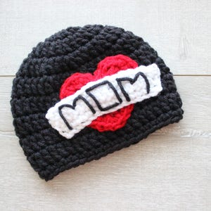 PATTERN Crochet I Heart MOM Tattoo Beanie Baby Toddler Valentine's Beanie Mother's Day Crochet Hat Pattern Heart Applique Hat image 3