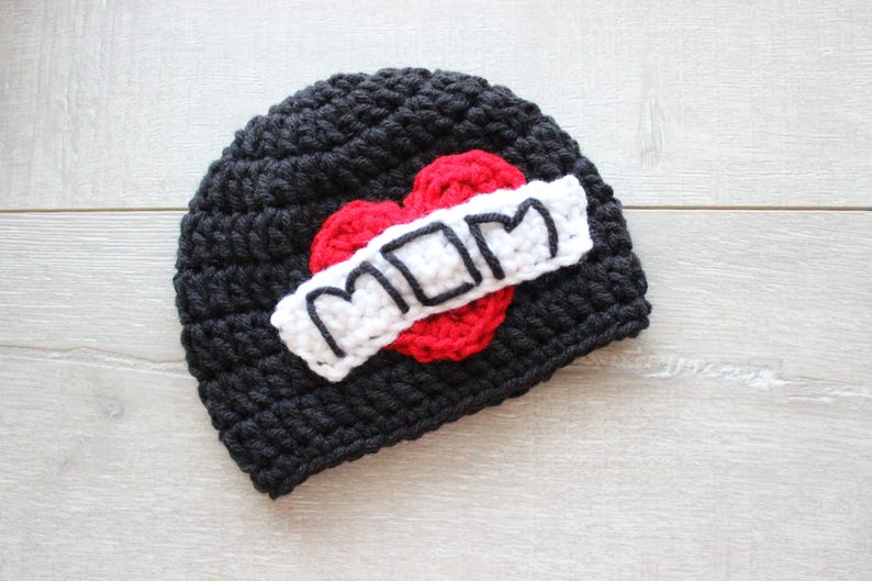 PATTERN Crochet I Heart MOM Tattoo Beanie Baby Toddler Valentine's Beanie Mother's Day Crochet Hat Pattern Heart Applique Hat image 3