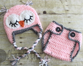 Baby Owl Outfit Crochet Sleepy Owl Baby Hat and Matching  Diaper Cover Set Crochet Owl Hat Newborn Owl Outfit Crochet Owl Outfit