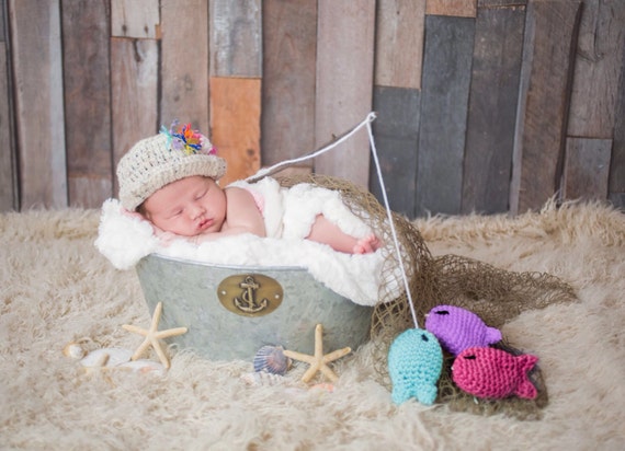 Chinguliscreations Baby Girl Fisherman Crochet Outfit Hat Gone Fishing Hat Fisherman Baby Hat and Fish Set Newborn Fisherman Outfit