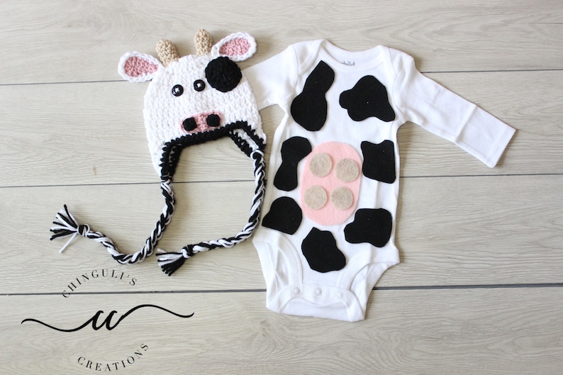 HAT and BODYSUIT Set Baby Cow Crochet Hat Newborn Cow Hat Kids Cow Hat Halloween Costume Baby Photo Props image 1