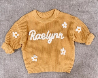 Personalized chunky sweater baby gift baby sweater baby knit sweater baby hand embroidered sweater daisy sweater