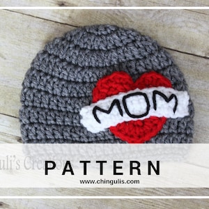 PATTERN Crochet I Heart MOM Tattoo Beanie Baby Toddler Valentine's Beanie Mother's Day Crochet Hat Pattern Heart Applique Hat image 2