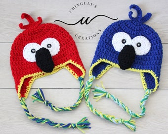 Twin Set - Sombrero de loro de ganchillo Rojo amarillo azul Verde Sombrero de loro recién nacido Bebé a niño pequeño Sombrero de loro