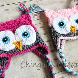 Cappello gufo all&#39;uncinetto, Baby Rosa caldo Gufo grigio Berretto Ragazze Gufo Rosa caldo Grigio Turchese Cappello gufo Baby Pink Owl Cappello Baby Gufo Berretto Foto Oggetti di scena