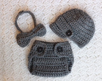 Baby Boy Newsboy Hat Diaper Cover Bow Tie Outfit Newborn Hat Newsboy Hat baby Boy Hat Baby Boy Beanie Crochet Beanie Photo Props