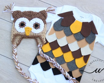 Baby Owl Costume Crochet Owl Hat Baby Owl Bodysuit White Owl hat and Bodysuit set Brown Gray Yellow and Black Owl Hat and bodysuit costume