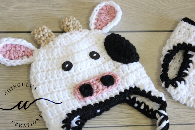 HAT and BODYSUIT Set Baby Cow Crochet Hat Newborn Cow Hat Kids Cow Hat Halloween Costume Baby Photo Props image 3