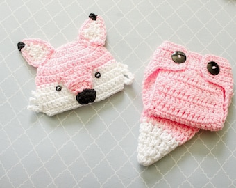 Crochet Fox Outfit Baby Girl Fox Hat and Diaper Cover newborn Fox Outfit Fox Set Fox Photo Prop Pink Fox Hat and Diaper Cover