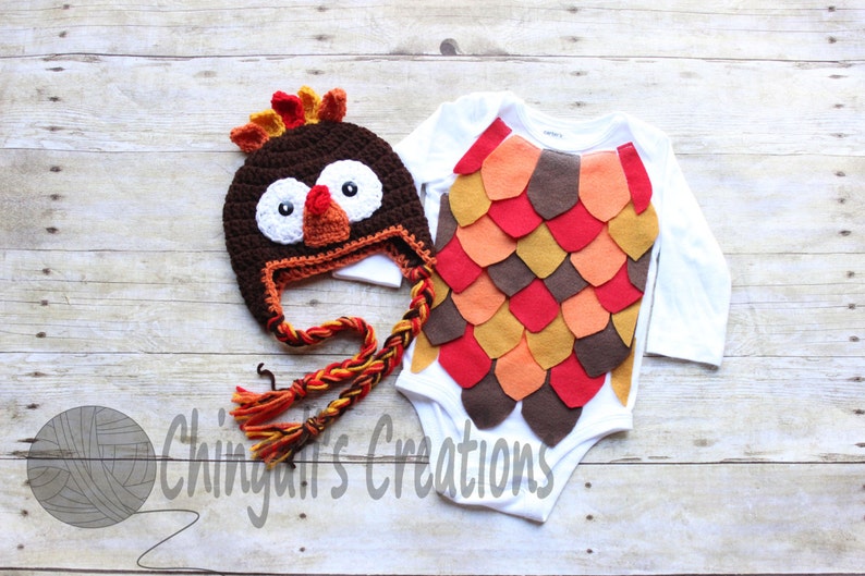 Turkey Bodysuit and Hat Outfit Crochet Turkey Hat Turkey Bodysuit Baby Turkey Outfit Baby Turkey Outfit image 1