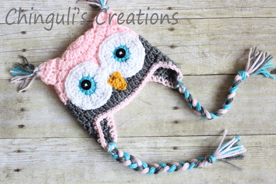 Crochet Owl Hat, Baby Hot Pink Gray Owl Beanie Girls Owl Hot Pink Gray Turquoise Owl Hat Baby Pink Owl Hat Baby Owl Beanie Photo Props