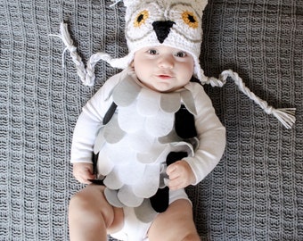 Baby Owl Costume Crochet Owl Hat Baby Owl Bodysuit White Owl hat and Bodysuit set White Gray Yellow and Black Owl Hat and bodysuit costume