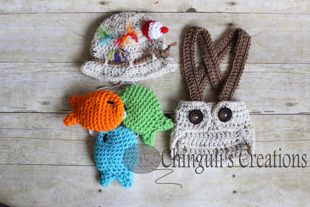Baby Fisherman Crochet Outfit Hat Gone Fishing Hat Fisherman Baby Hat  Diaper Cover Fishes Set Newborn Fisherman Outfit 