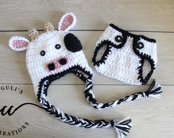 Baby Cow Crochet Hat and Diaper Cover Set Newborn Cow Hat Kids Cow Hat Halloween Costume Baby Photo Props