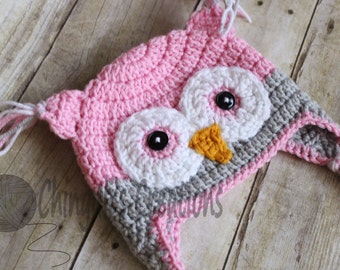 Crochet Owl Hat, Baby Pink Light Gray Owl Beanie Girls Owl Purple Light Gray Owl Hat Aqua Light Gray Owl Hat Newborn Owl Hat Owl Beanie