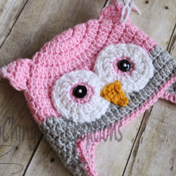 Crochet Owl Hat, Baby Pink Light Gray Owl Beanie Girls Owl Purple Light Gray Owl Hat Aqua Light Gray Owl Hat Newborn Owl Hat Owl Beanie