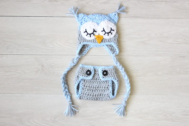 Baby Owl Outfit Crochet Sleepy Owl Baby Hat and Matching Diaper Cover Set Crochet Owl Hat Newborn Owl Outfit Crochet Owl Outfit image 1
