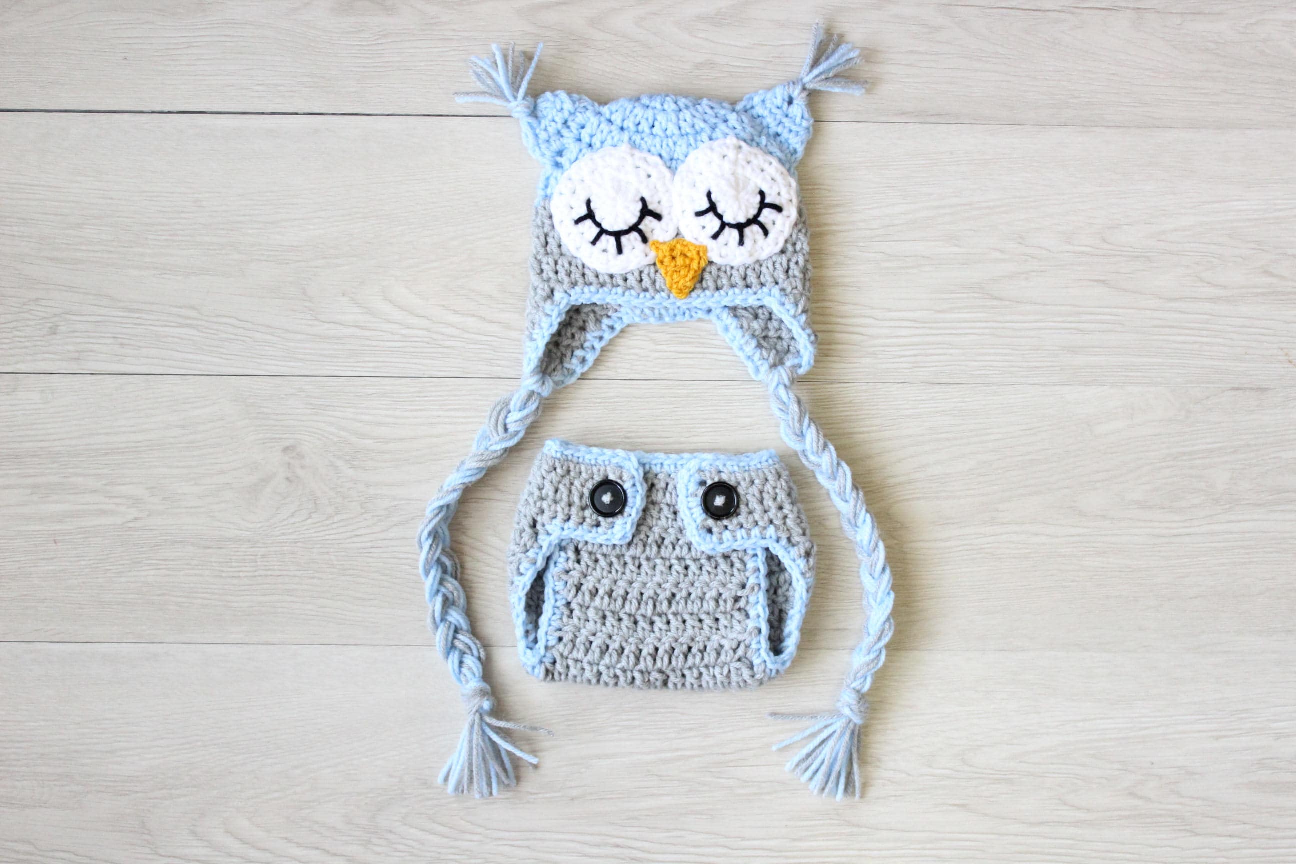 Baby Owl Outfit Crochet Sleepy Owl Baby Hat and Matching Diaper Cover Set Crochet Owl Hat Newborn O