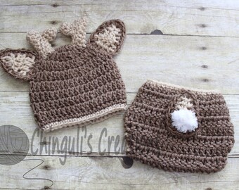 4.50Baby Deer Hat with Diaper Cover Crochet Deer hat and Diaper Cover  Baby Animal outfit Brown Deer Hat and Tan Antlers