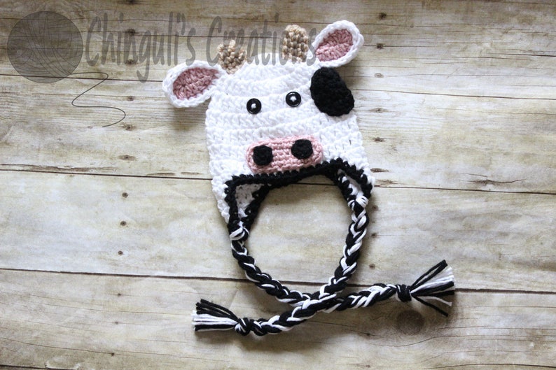 HAT and BODYSUIT Set Baby Cow Crochet Hat Newborn Cow Hat Kids Cow Hat Halloween Costume Baby Photo Props image 2