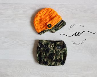 Baby Crochet Little Hunter Outfit Crochet Newsboy Hat and Diaper Cover Camouflage and Orange