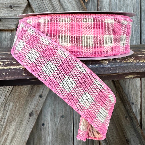 1.5 Inch Pink Gingham Wired Ribbon, 20 Yards