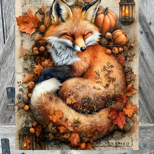May include: A red fox curled up asleep in a bed of autumn leaves. The fox is surrounded by pumpkins, acorns, and a lantern. The background is a vintage newspaper print.