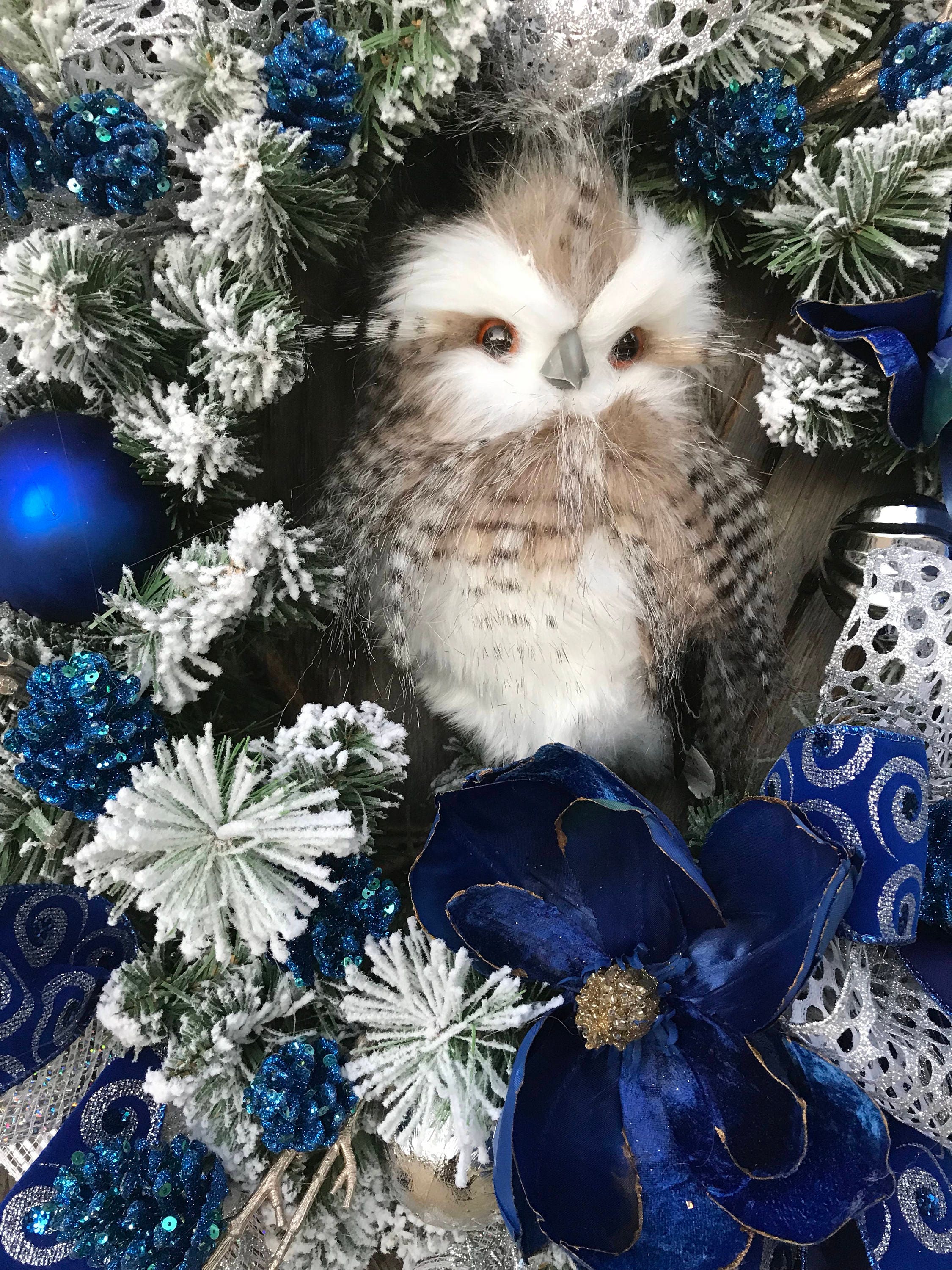 Owl Wreath, Blue Christmas, Winter Wreath, White Christmas, Christmas