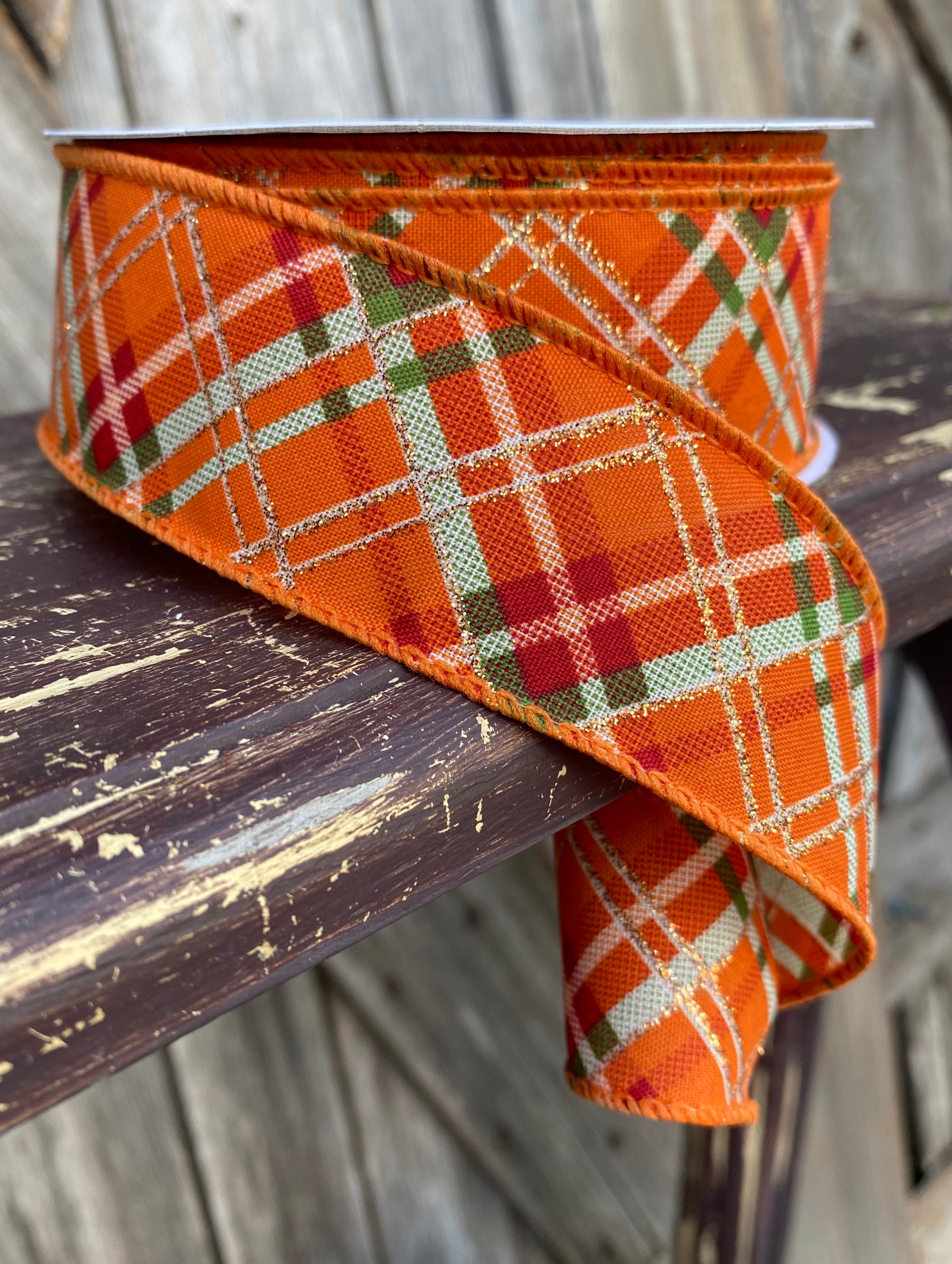 20 Yards, Wired Ribbon, Orange Plaid Sparkle Threading