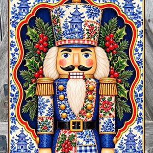 May include: A nutcracker figure featuring a blue and white porcelain-style pattern with pagoda motifs, red holly berries, and green leaves. The figure has a white beard, a black mustache, and gold-toned epaulets, set against a dark blue background.