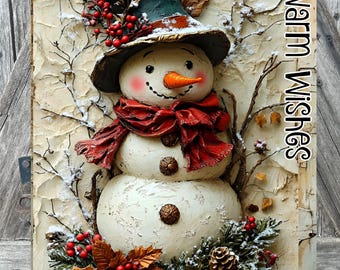 May include: A white snowman with a red scarf and a green and gold top hat. The snowman is surrounded by a wreath of pine branches, red berries, and gold leaves. The background is a rustic, whitewashed wood panel with the text "Warm Wishes" in black.