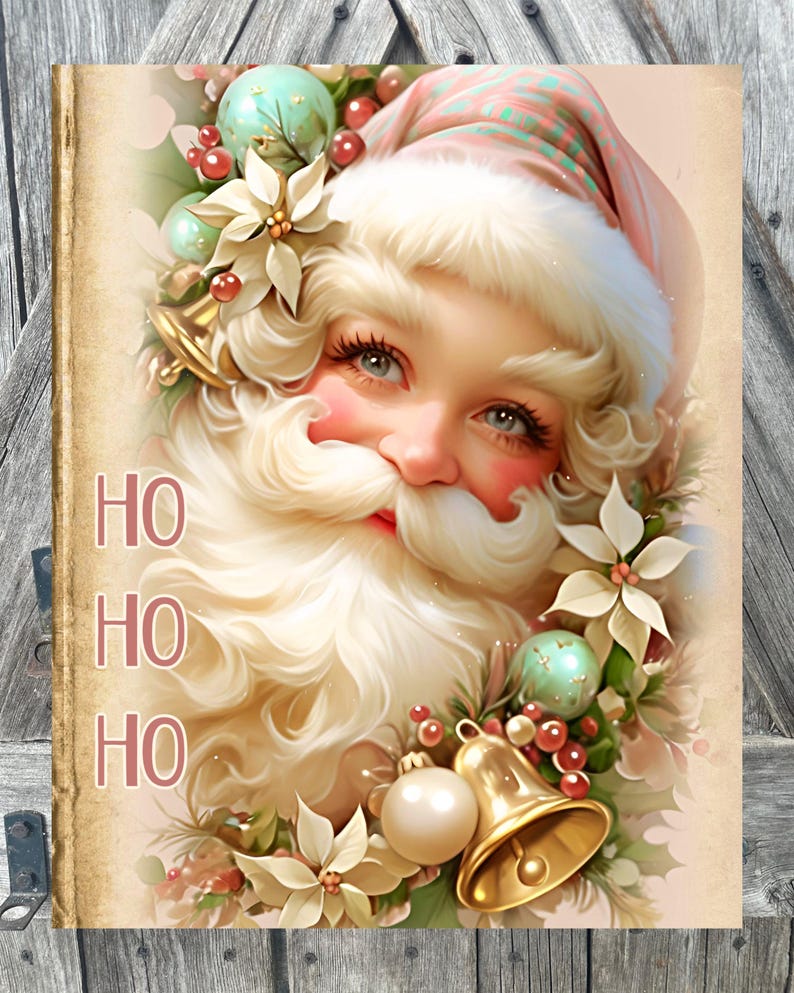 May include: A vintage Christmas card featuring a close-up of Santa Claus's face with a white beard and rosy cheeks. He is surrounded by poinsettias, holly berries, and bells. The text "HO HO HO" is written in red on the left side of the card.