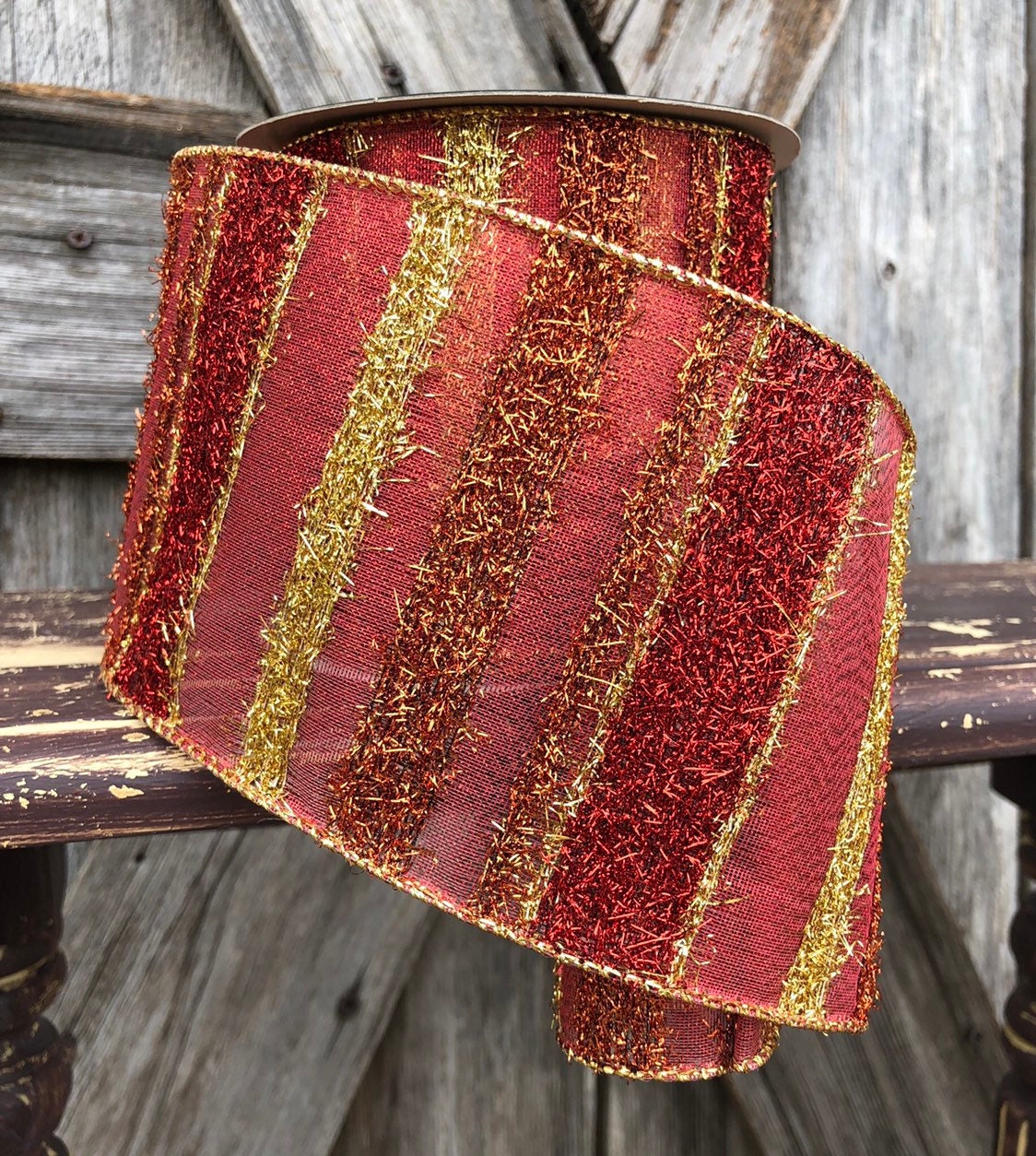 Wired Ribbon ~ 4 Inch Ribbon ~ Red Gold Pink ~ 10 Yards